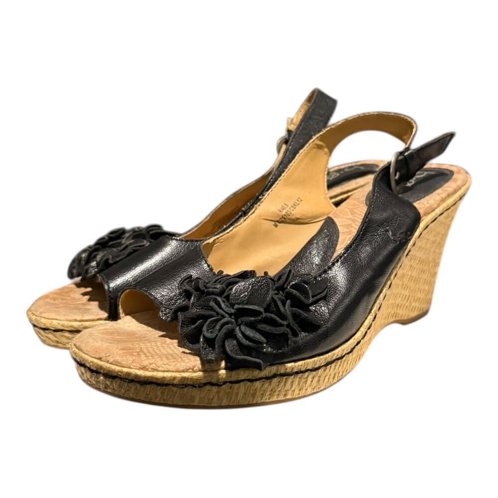 BOC Born Women’s Size 9 Black Leather Flower Open Toe Slingback Wedge Sandal